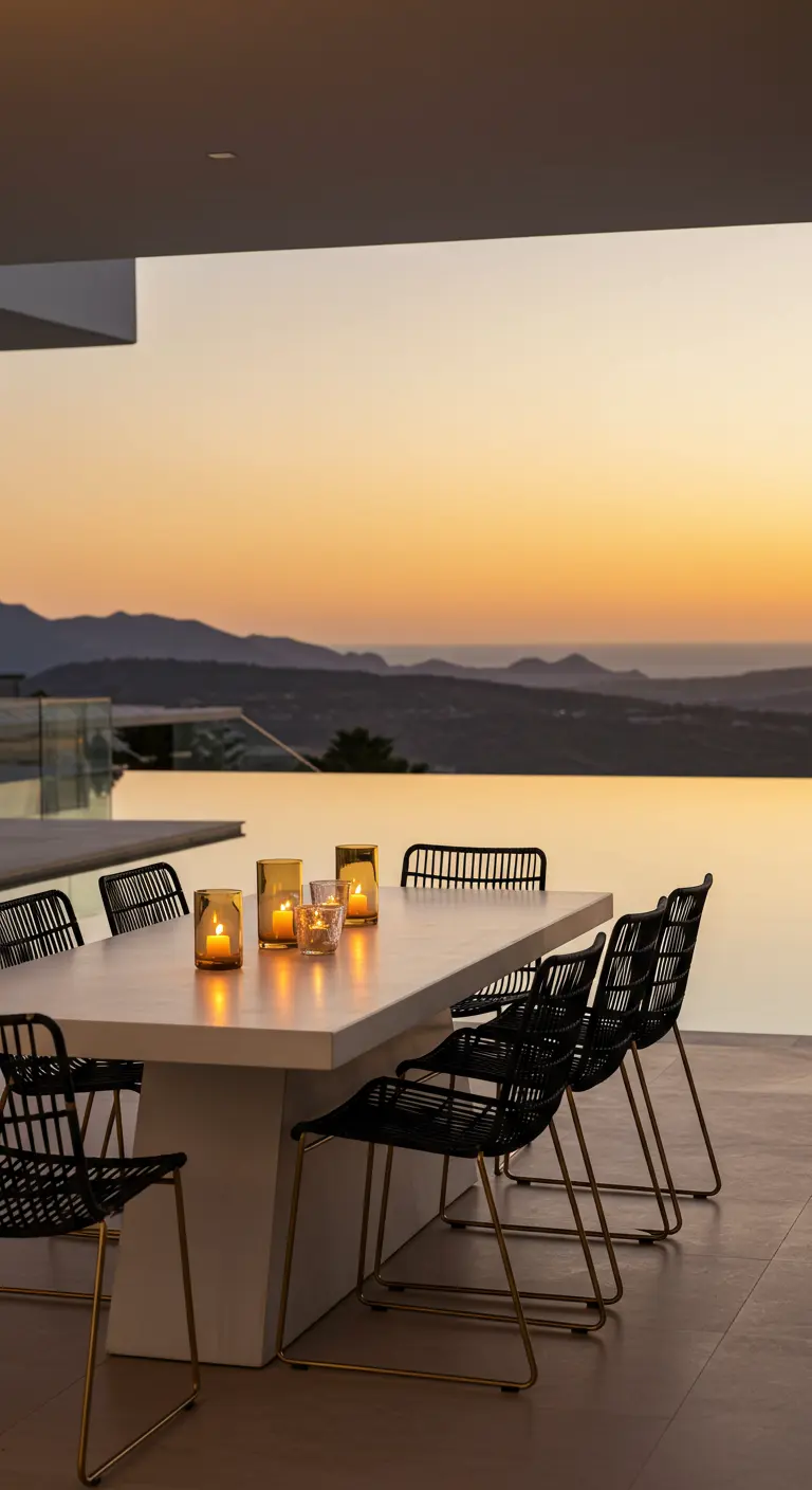 An outdoor dining table with black chairs and candle votives overlooking a sunset sea view.