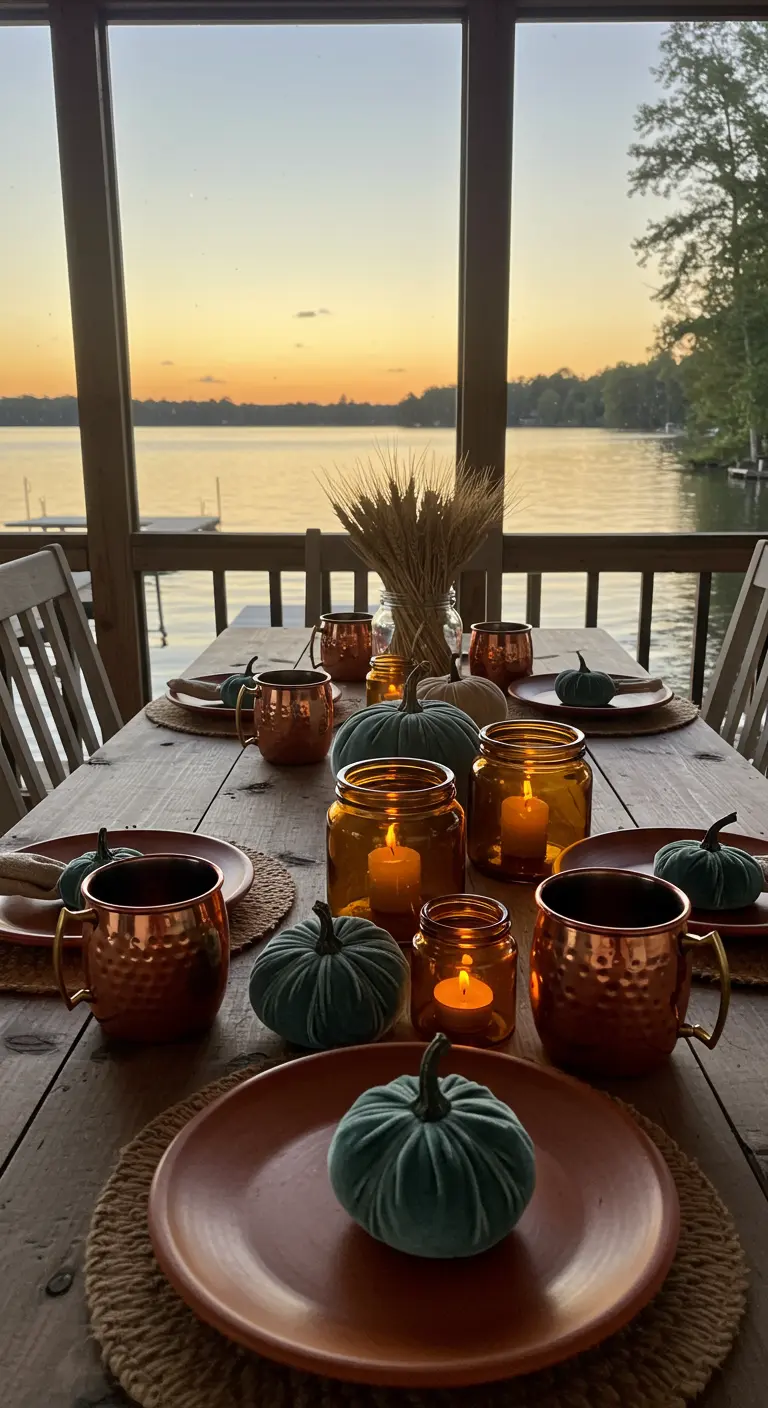 Lakeside dining table at sunset with copper mugs, candles, and velvet pumpkins.