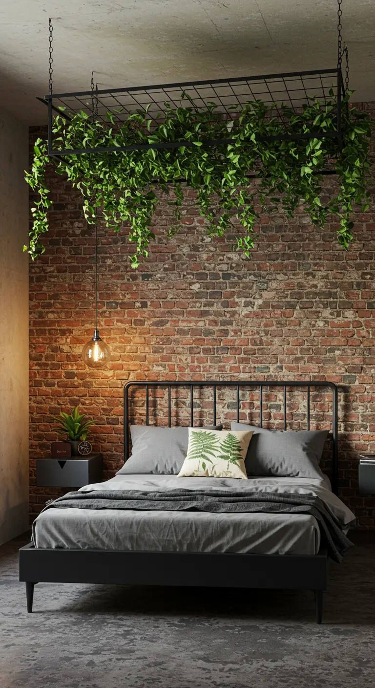 Bedroom with a black metal grid suspended over the bed, covered in trailing ivy.
