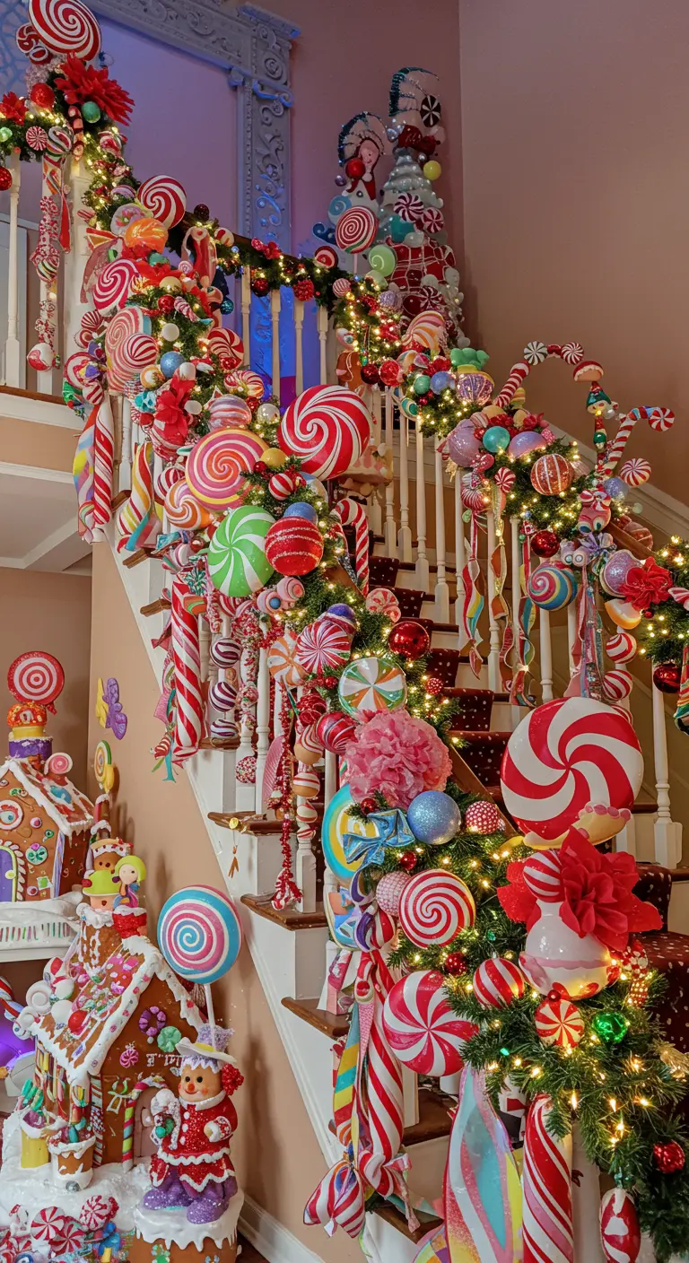 Staircase decorated with candy-themed garland, lollipops, peppermints, and gingerbread houses.