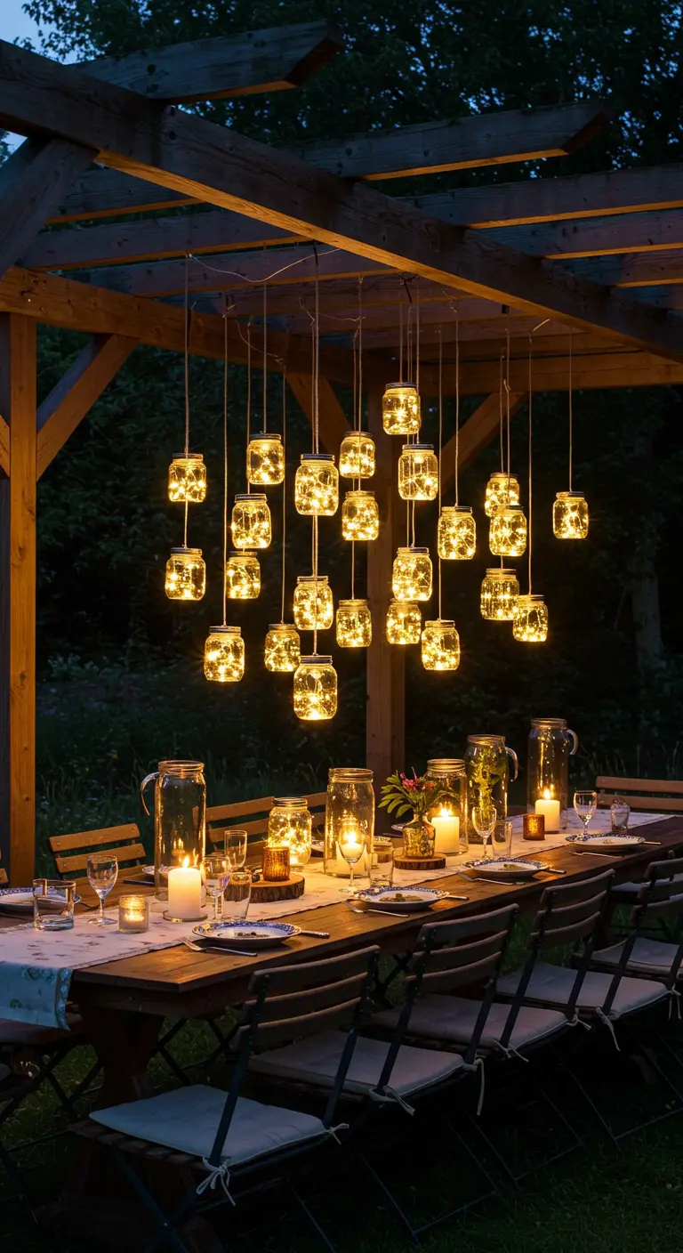 A large cluster of solar jars hangs over a rustic outdoor dining table set for a meal.