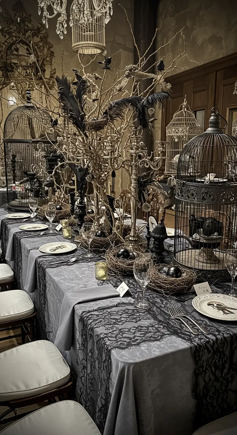 A gothic table decorated with vintage birdcages, black crows, and nests with black eggs.