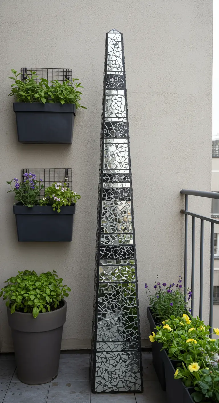 A tall, slender mosaic mirror obelisk standing on a city balcony with potted plants.
