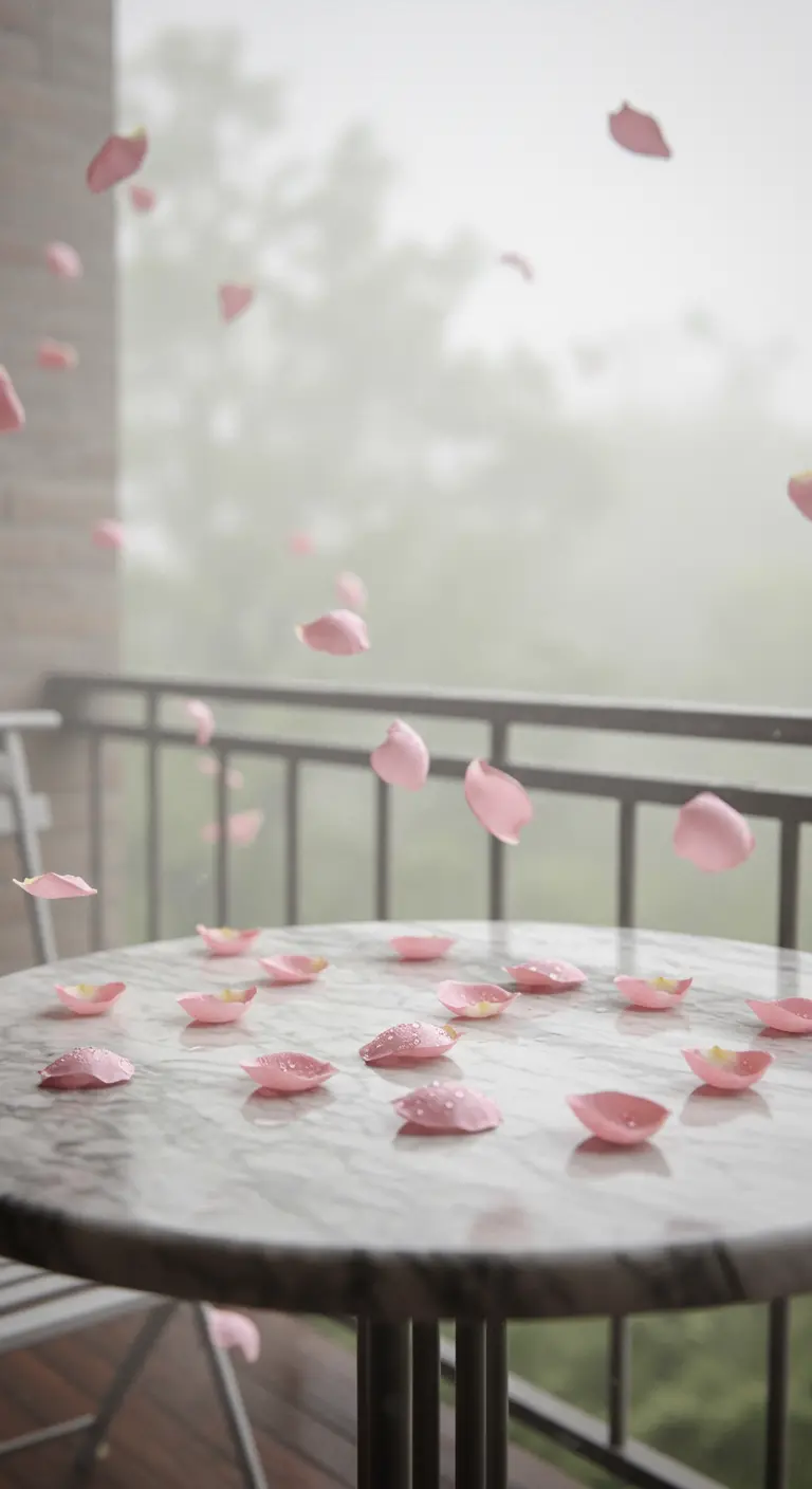 Pink rose petals gently falling onto a wet marble table on a misty day.