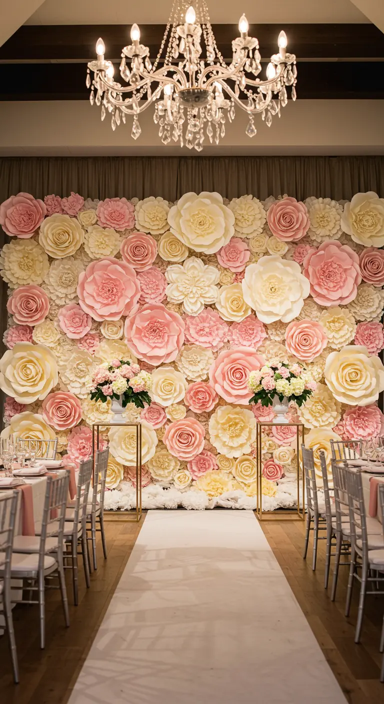 A stunning wall completely covered in large cream and pink paper flowers.