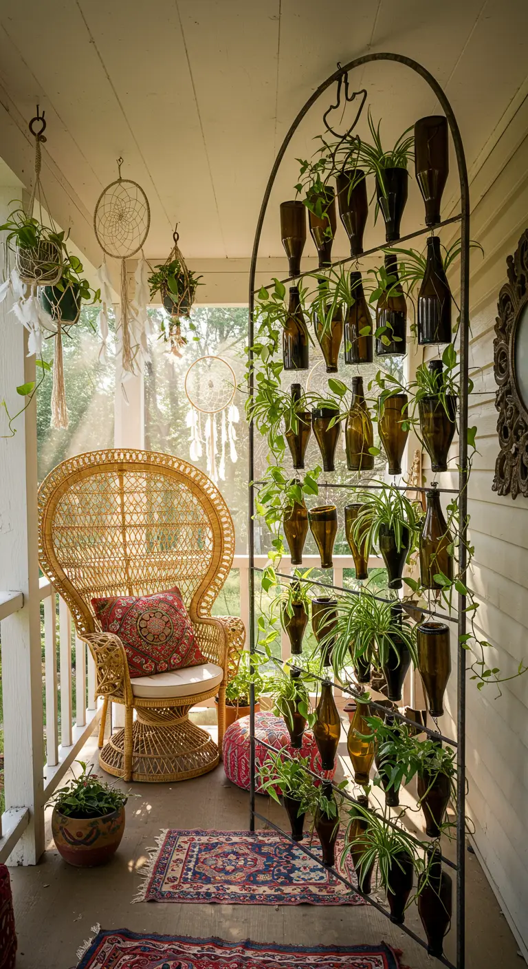 A bottle garden on an arched frame on a boho-style porch with a peacock chair.