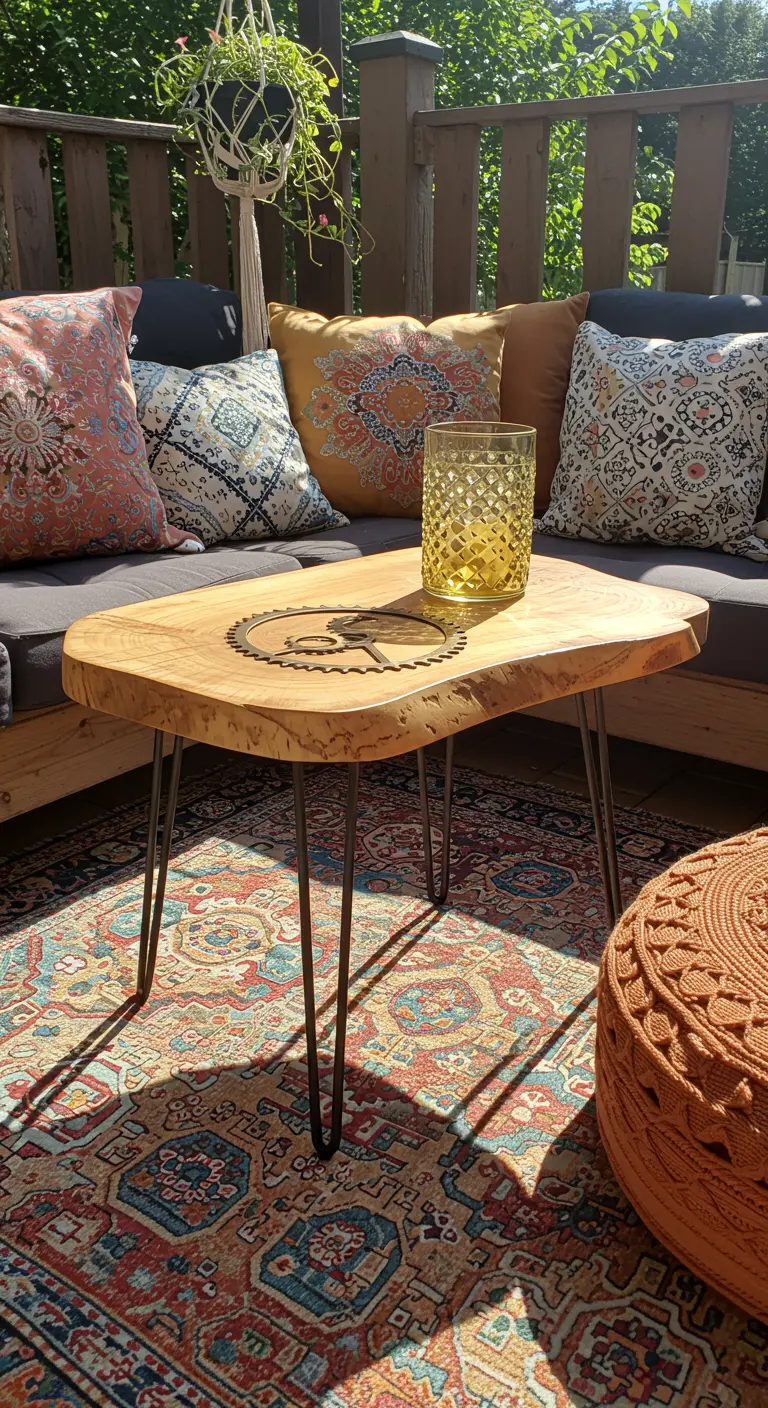 Live-edge wood coffee table with hairpin legs and an inlaid gear design, on a colorful patterned rug.