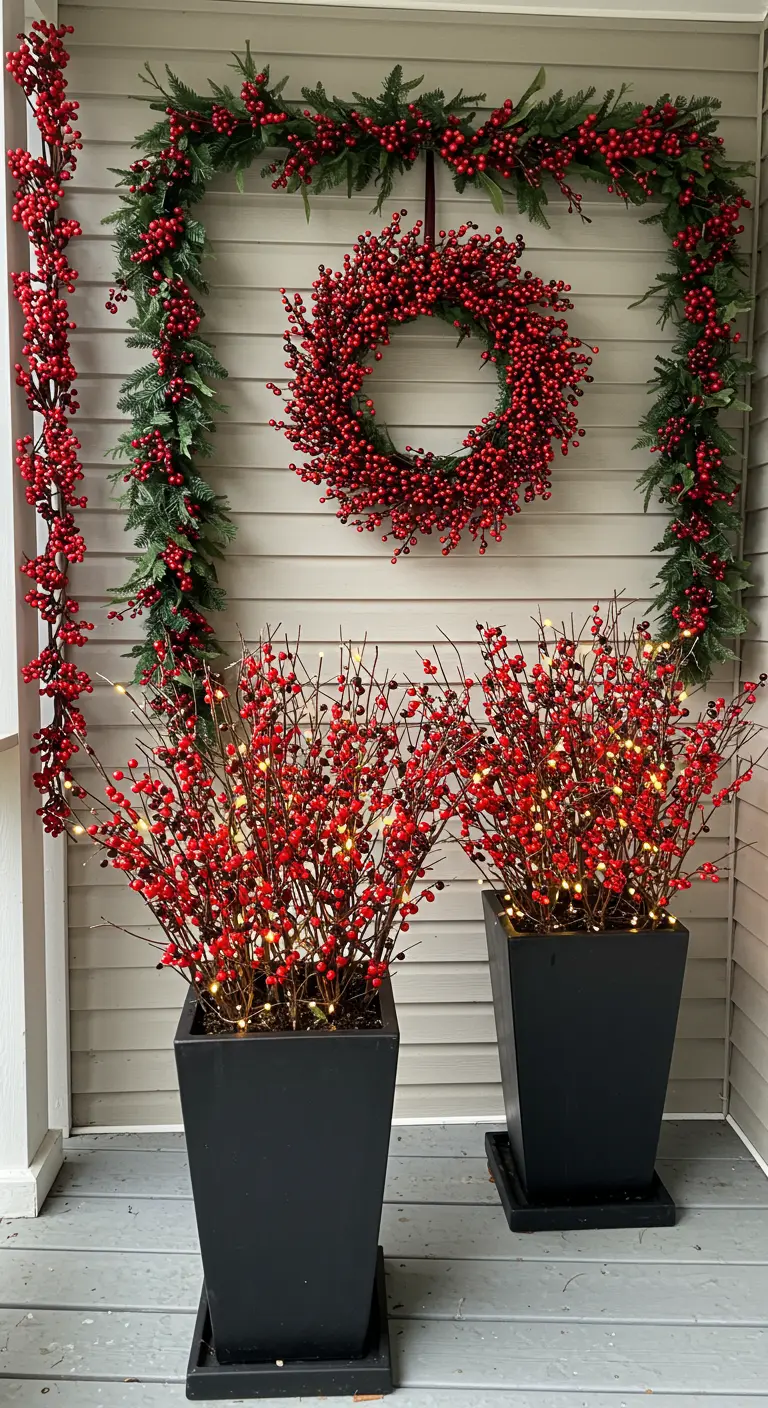 A porch decorated exclusively with red berry wreaths, garlands, and planters, creating a bold statement.