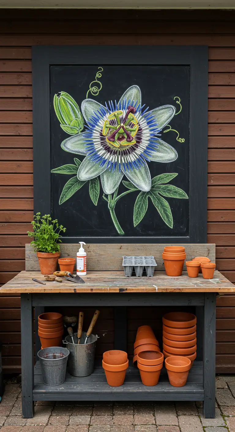 A dark gray potting station featuring a large, detailed chalk drawing of a passion flower.