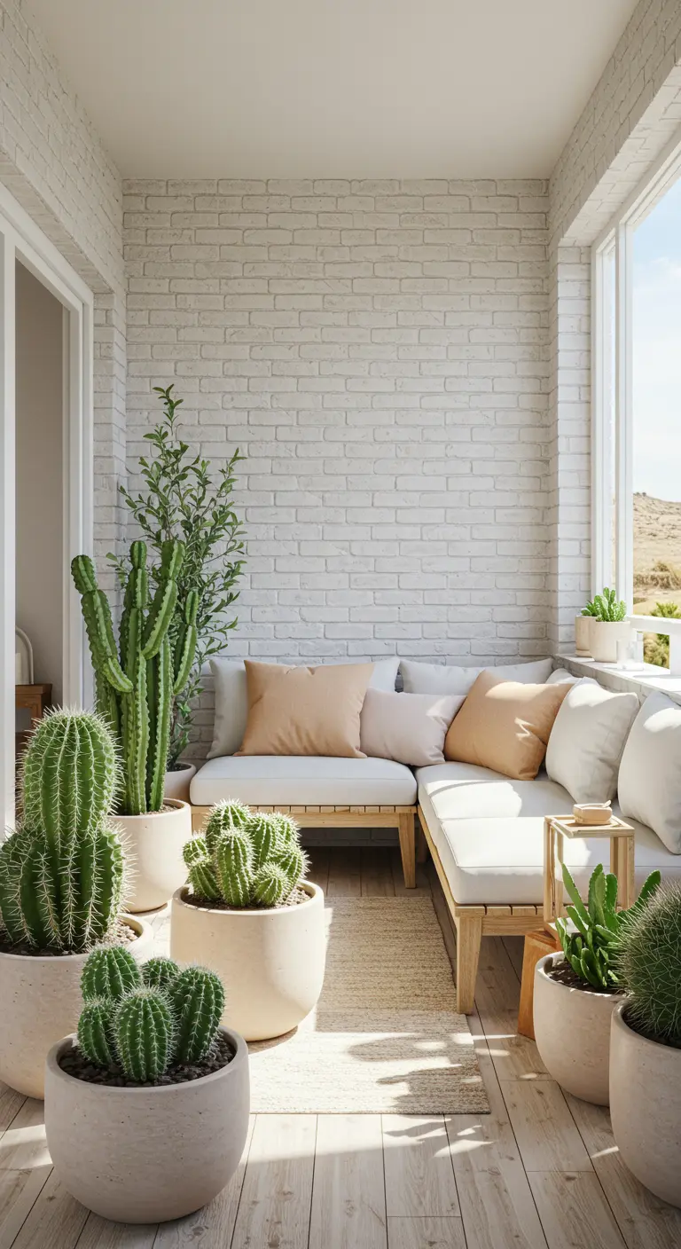 A bright balcony with a whitewashed brick wall, light wood furniture, and a cluster of cacti.