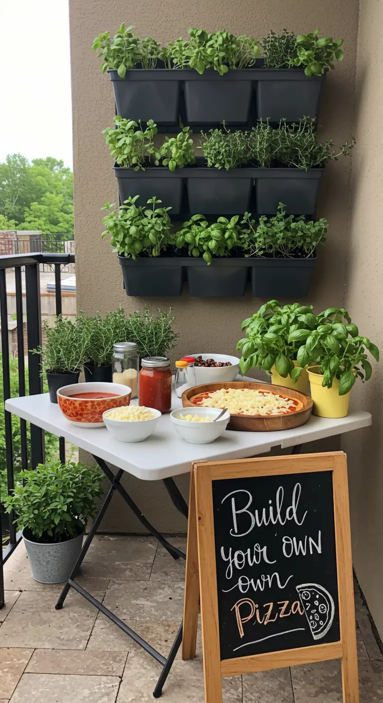 A balcony set up as a DIY pizza station with fresh herbs in a vertical wall planter.