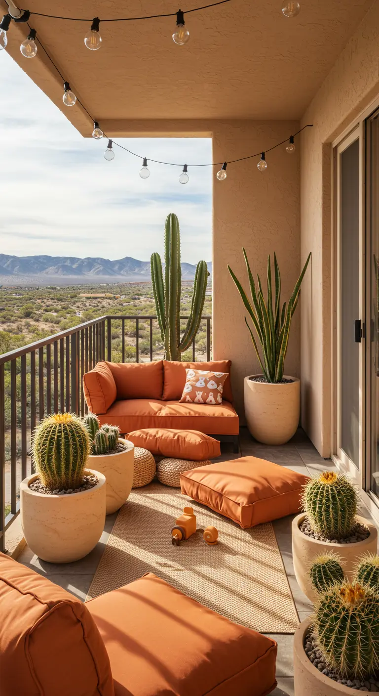 A sunny balcony with deep burnt orange cushions on the sofa and floor.