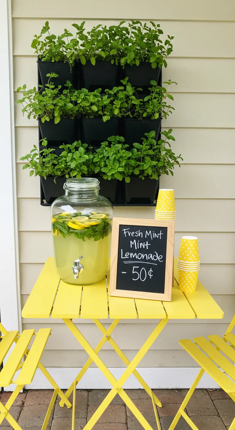 A bright yellow table on a patio with a large dispenser of mint lemonade and a wall of mint.