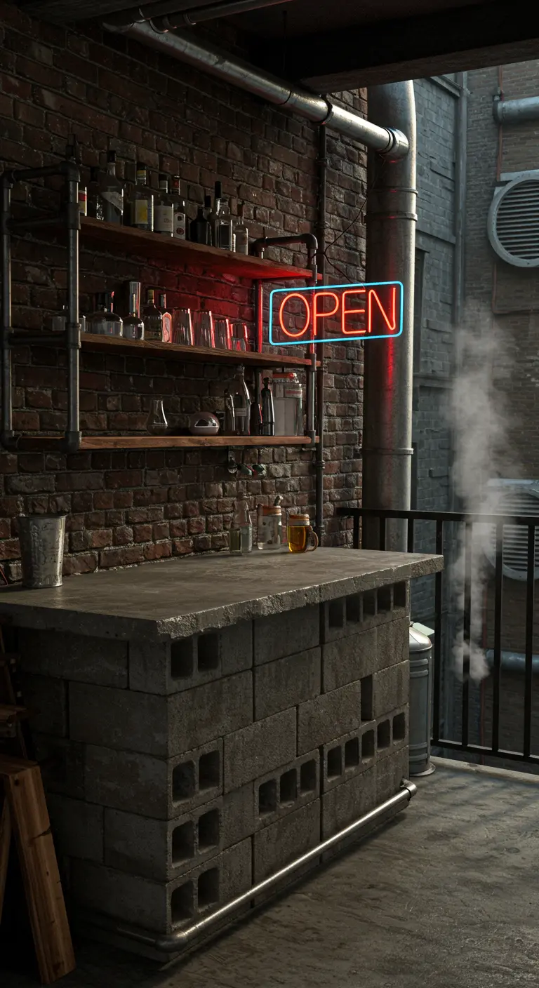 Gritty balcony bar made of stacked cinder blocks with a neon 'OPEN' sign.