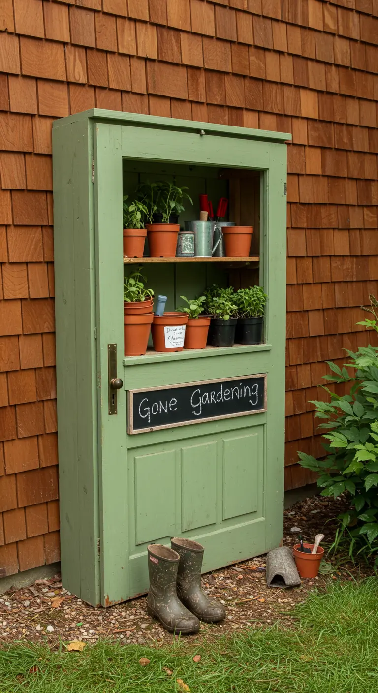 A sage green door converted into a shallow outdoor storage cabinet for gardening supplies.