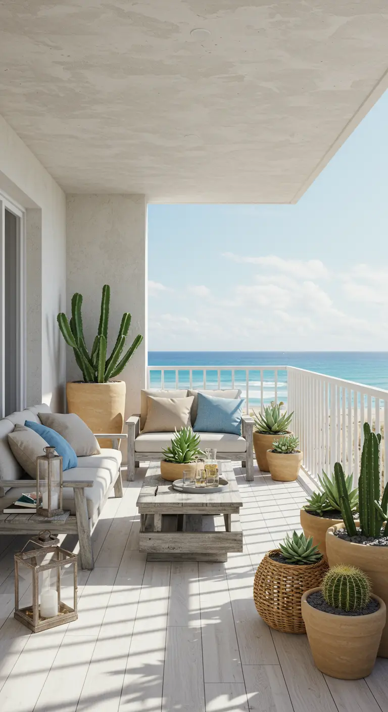 A coastal balcony with light wood furniture, blue pillows, and potted cacti overlooking the ocean.