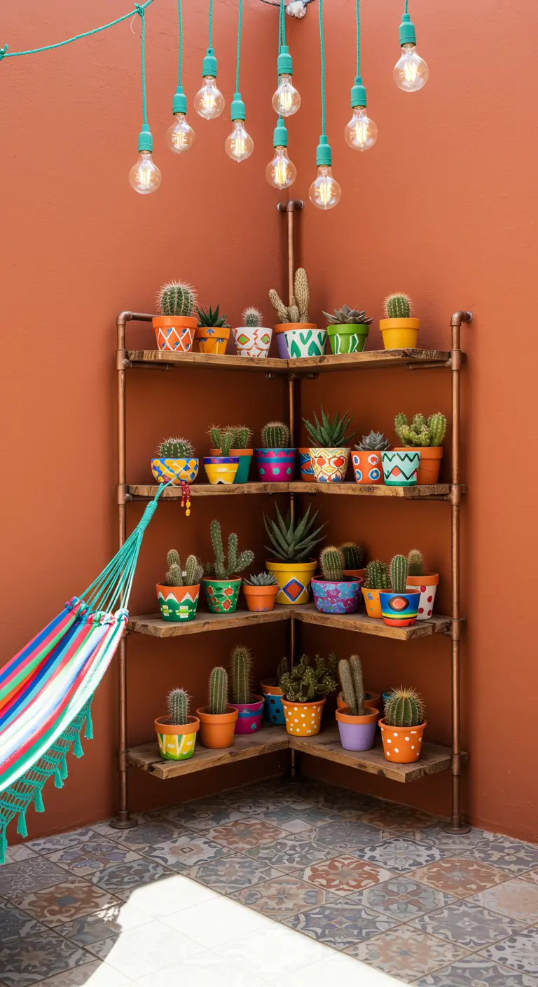 A corner pipe shelf made of copper, filled with cacti in colorful, hand-painted pots against a terracotta wall.