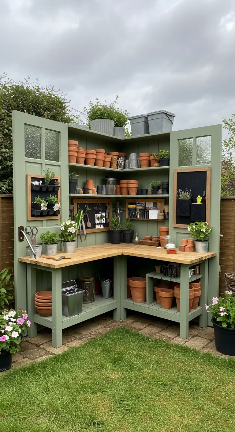 A large, L-shaped corner potting station made from two green doors, with extensive shelving.