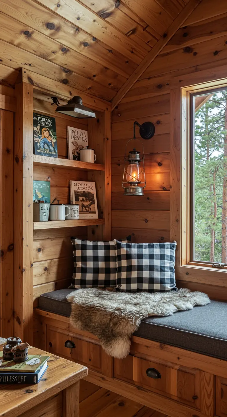 A rustic wood-paneled reading nook with buffalo check pillows and a sheepskin throw.