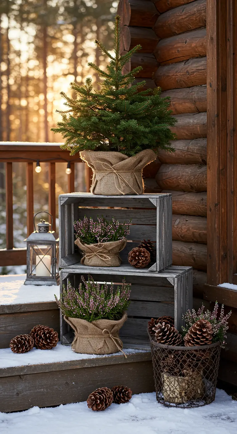 Stacked wooden crates on snowy steps with burlap-wrapped fir and heather plants, pine cones, and a lantern.