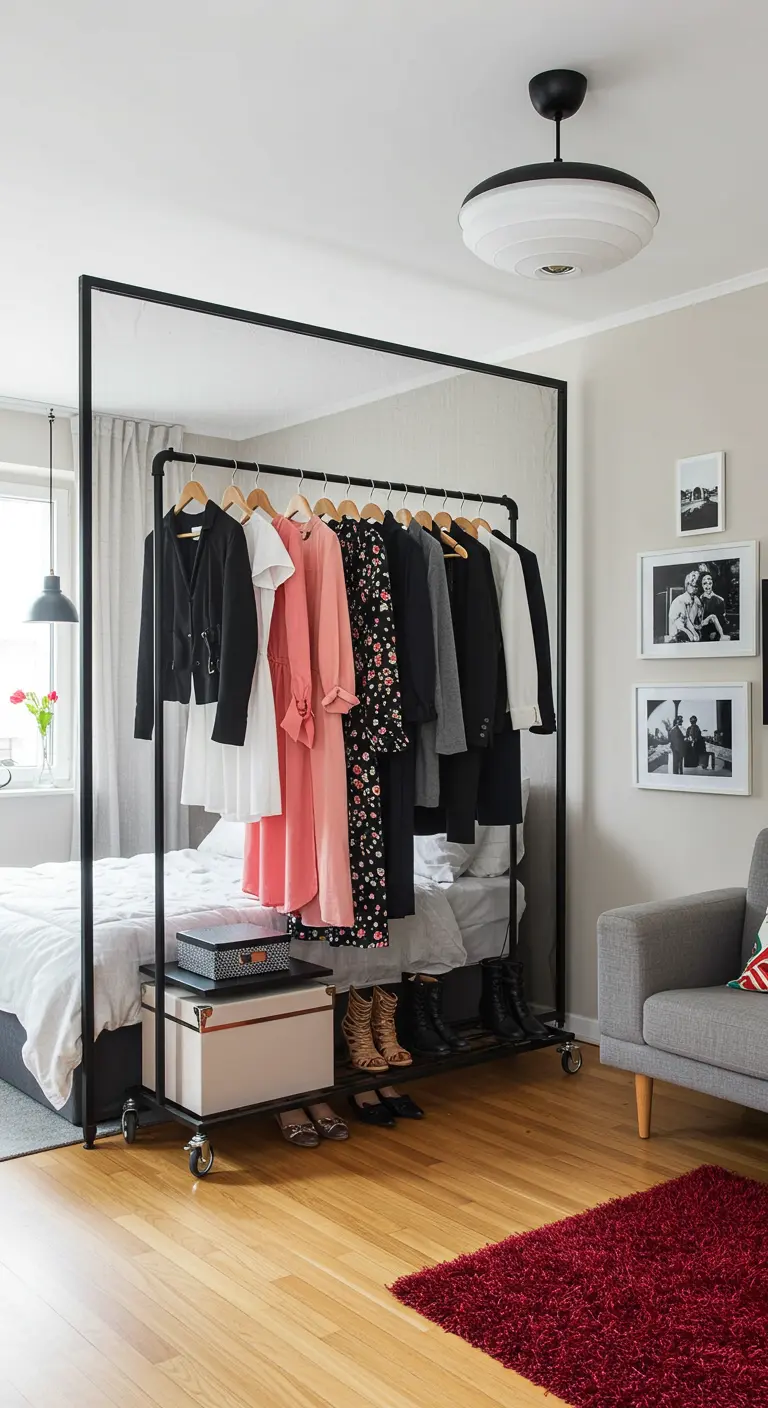A black industrial clothing rack separates a bed from the living area, acting as a divider.