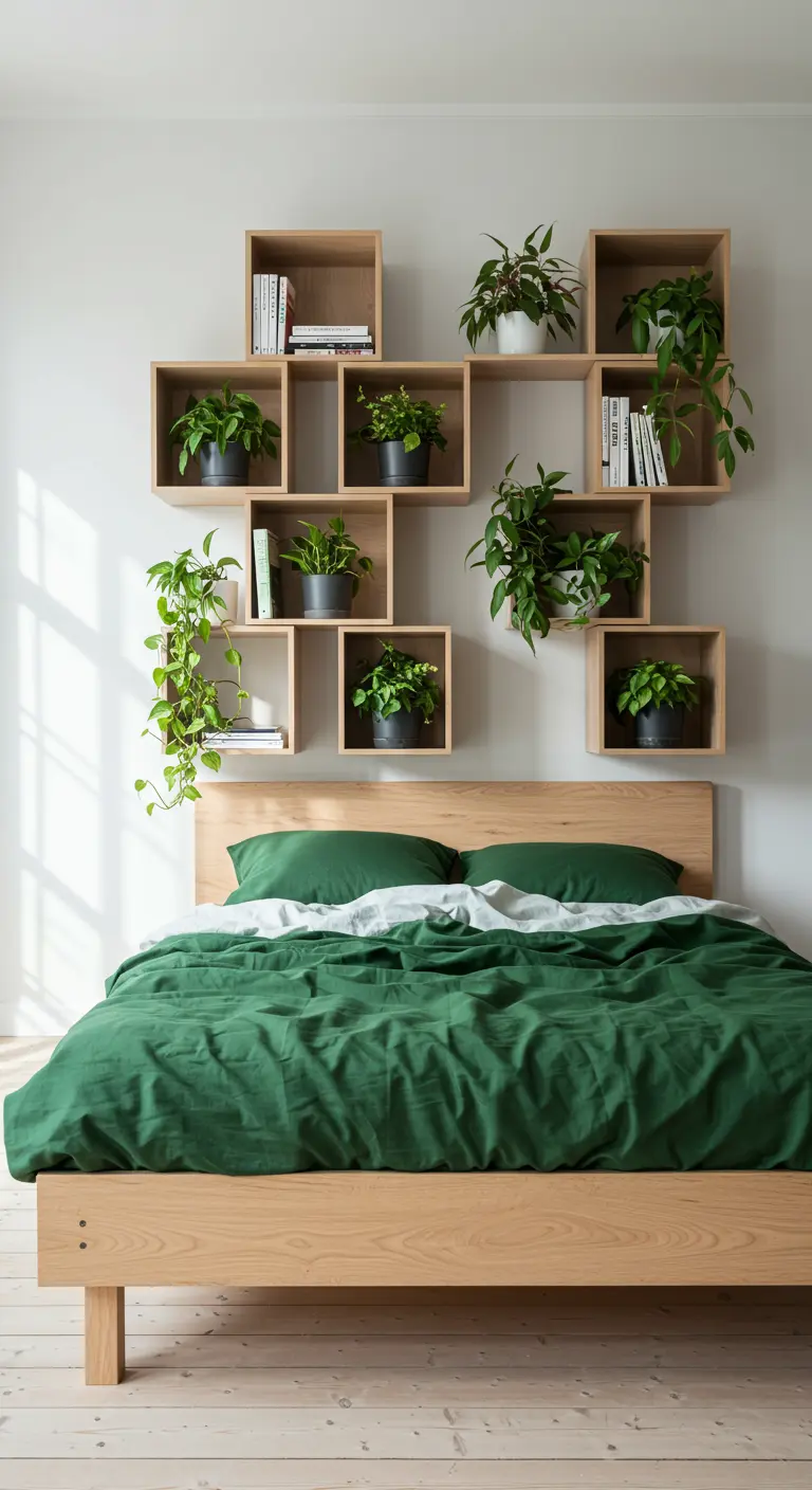 Wooden box shelves with potted plants arranged above a bed with green linens.