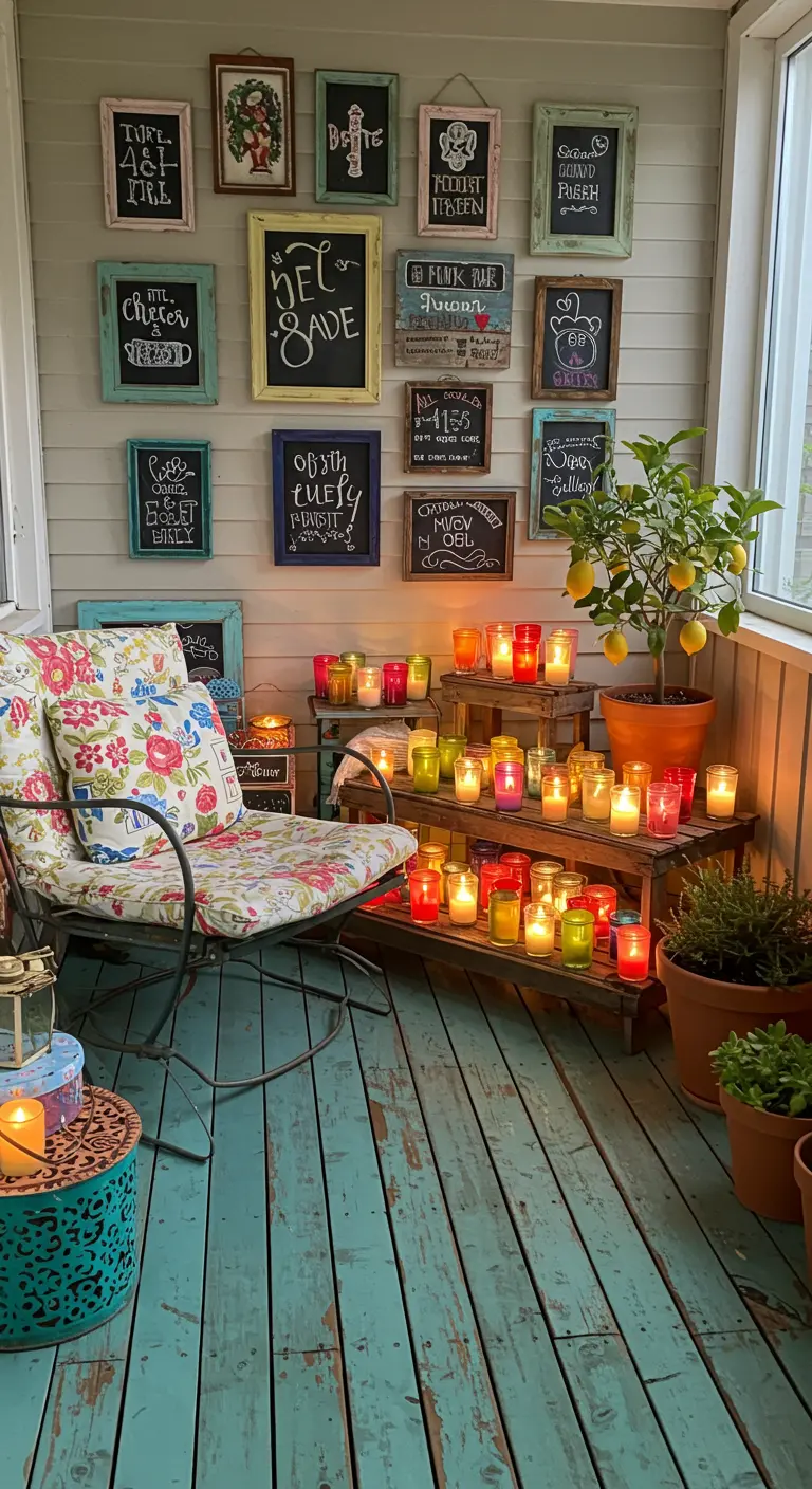 An eclectic balcony with a gallery wall of colorful framed chalkboards and dozens of vibrant candles.