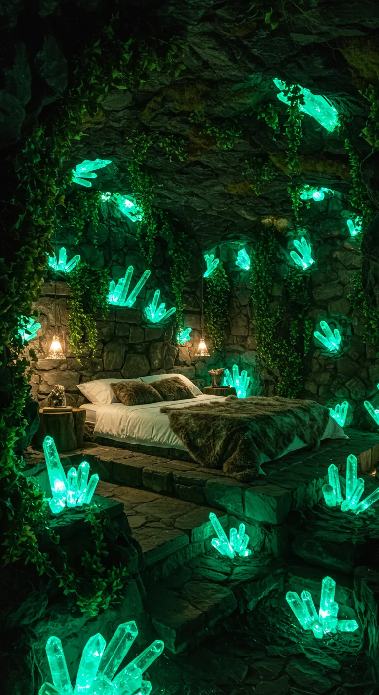A dark, cave-like bedroom with stone walls, a cozy bed, and glowing green crystals.