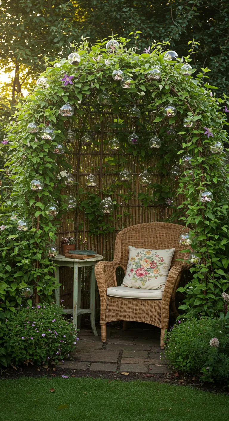 A reading nook under a bamboo arch covered in vines and decorated with hanging globes.