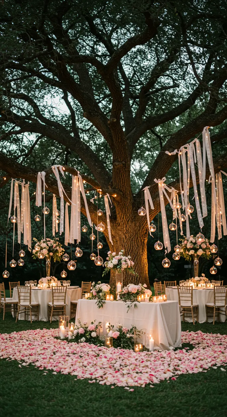 Outdoor wedding reception under a large tree with hanging lights, ribbons, and a sea of rose petals.