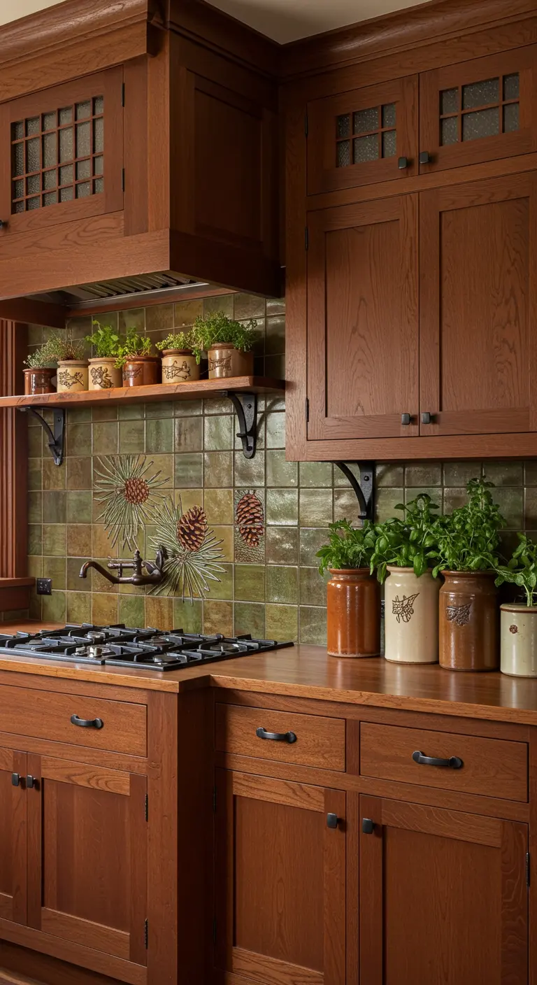 Arts and Crafts kitchen with dark wood cabinets and green tiles featuring pinecone designs.
