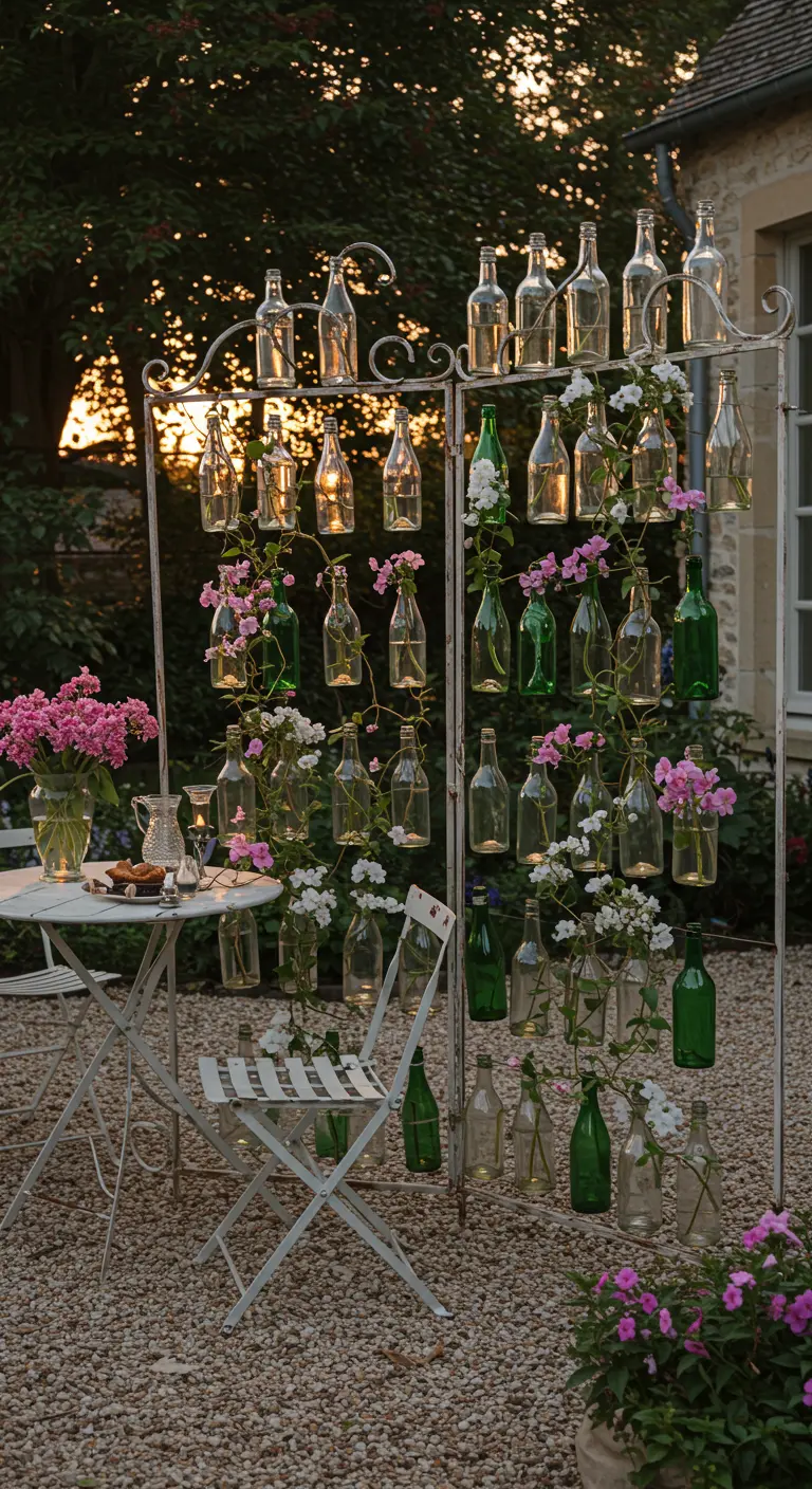 A freestanding bottle rack used as a screen, filled with fresh flowers for a party.
