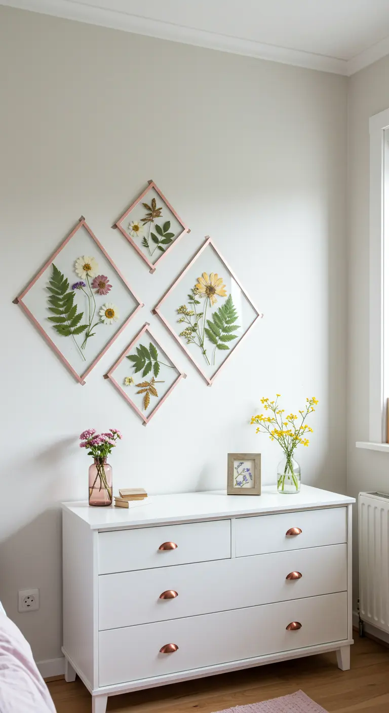 A grouping of diamond-shaped glass frames with pressed flowers, hanging above a white dresser.