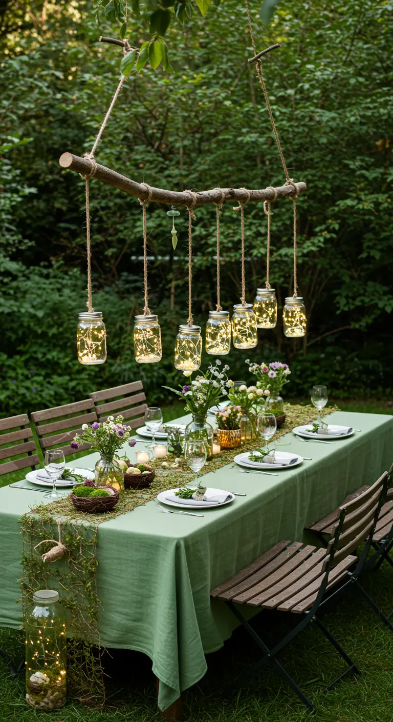 A branch hung over a table serves as a chandelier for mason jar lights.