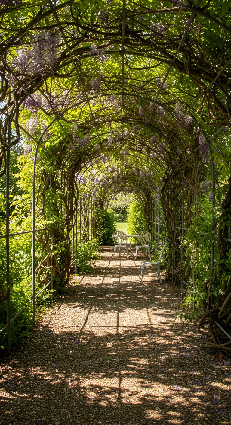 A white bistro set sits at the end of a long, sun-dappled garden tunnel covered in wisteria.