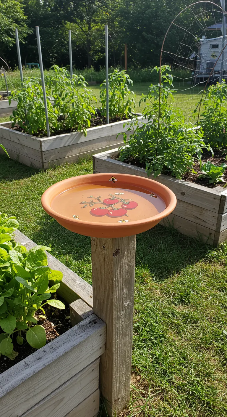 A birdbath painted with red tomatoes and bees, located next to wooden raised garden beds.