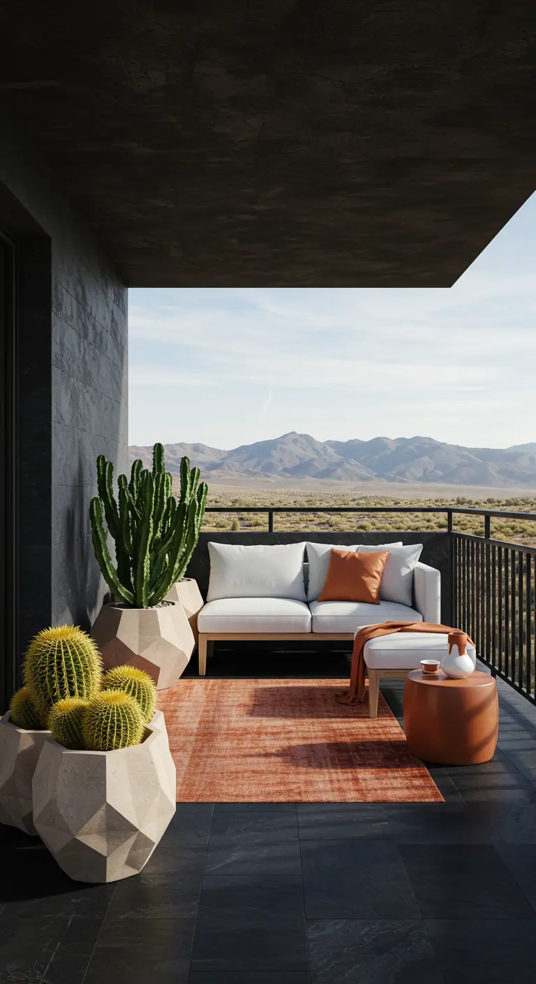 A modern balcony with geometric planters holding cacti and a rust-colored rug.