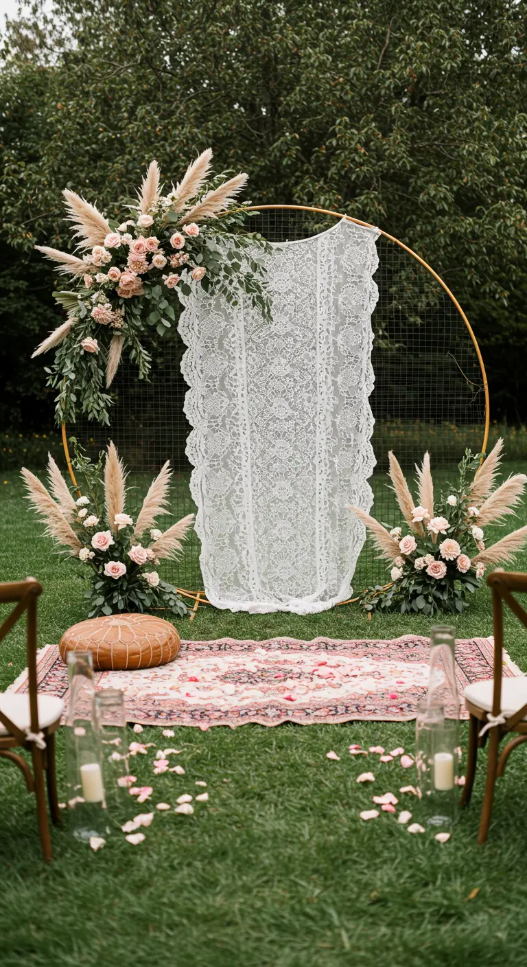 Boho wedding ceremony backdrop with a gold hoop, lace, pampas grass, and blush roses.