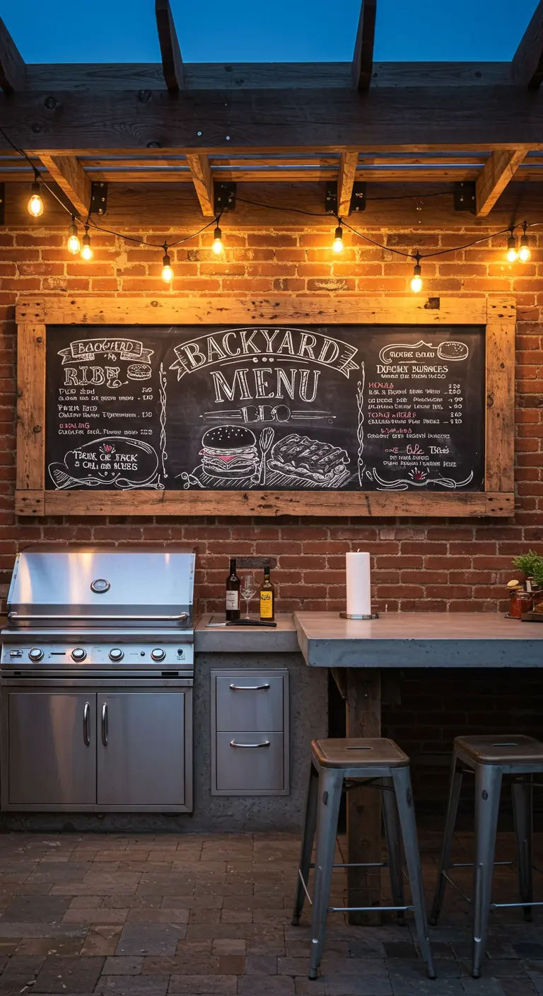 Large chalkboard menu with pallet frame above an outdoor kitchen grill.