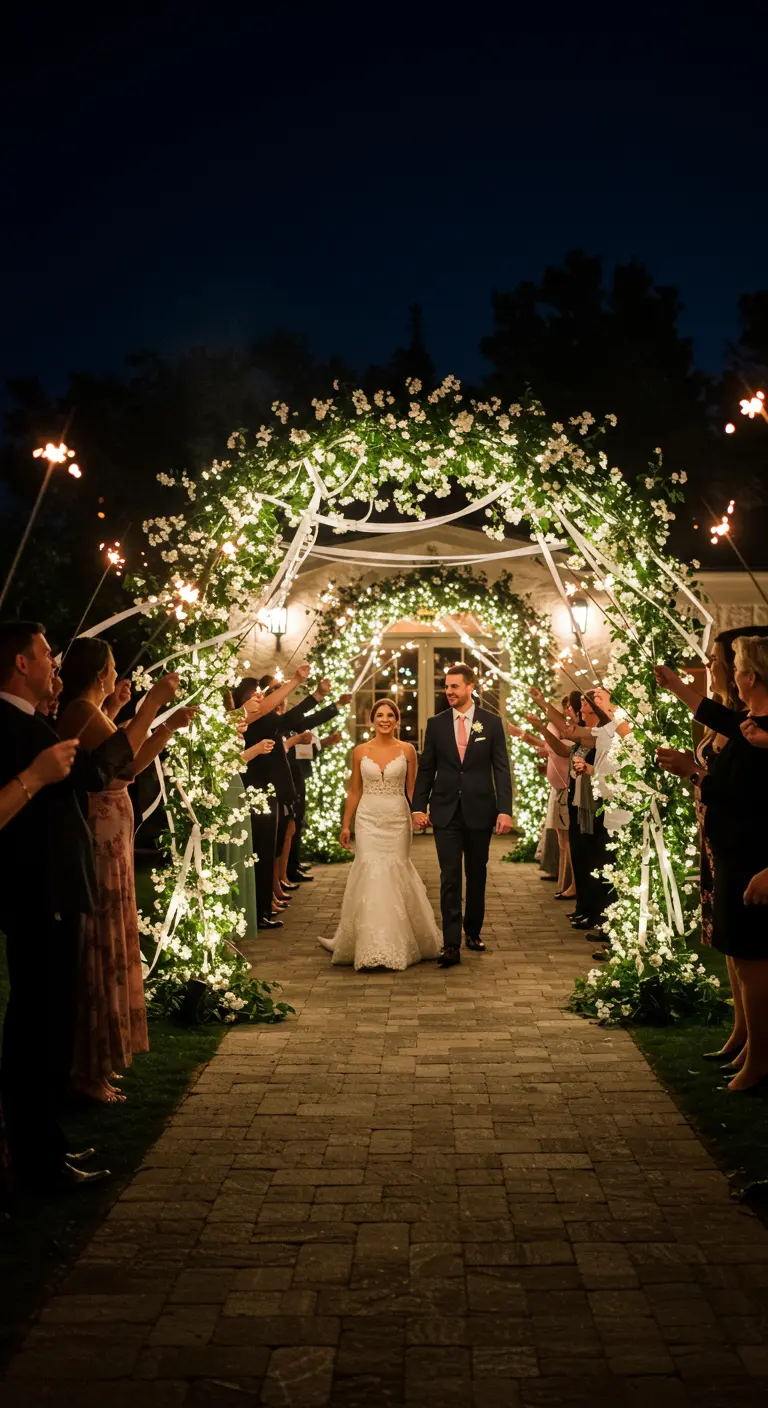 A bride and groom walking through a tunnel of guests holding sparklers under a floral arch.