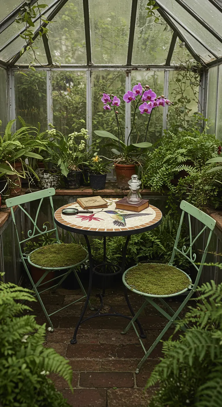Botanical mosaic table with hummingbird design inside a lush, plant-filled greenhouse.