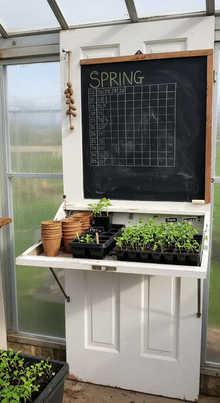 A white door in a greenhouse with a fold-down shelf holding seed trays and a chalkboard calendar.