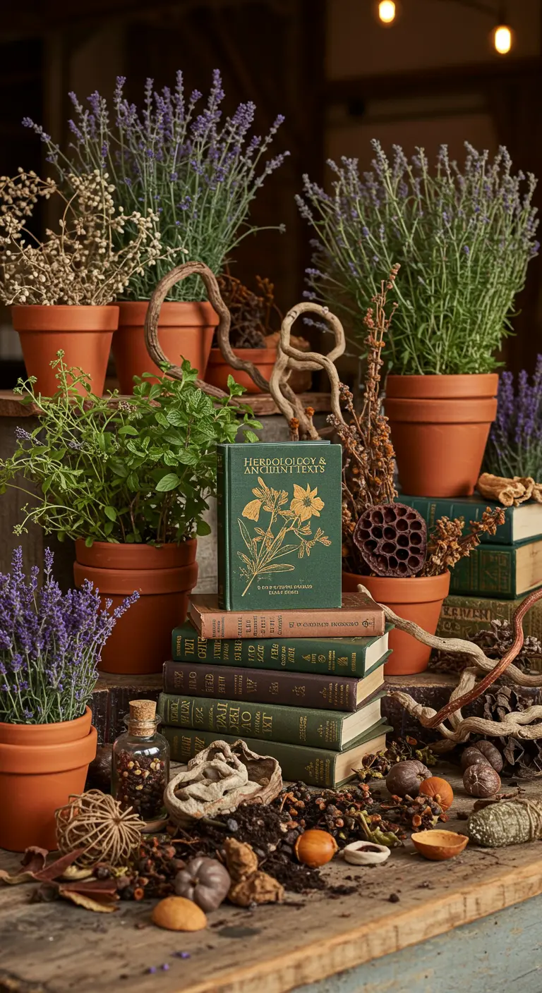 A rustic wooden bench with potted herbs, botanical books, and dried natural elements.