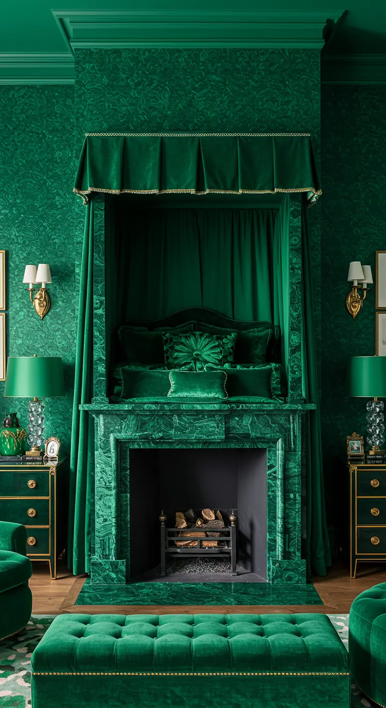 An all-emerald-green bedroom with a malachite fireplace and canopy bed.