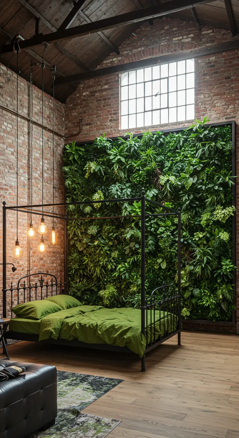 A loft bedroom with exposed brick, a tall living wall, and a black canopy bed.