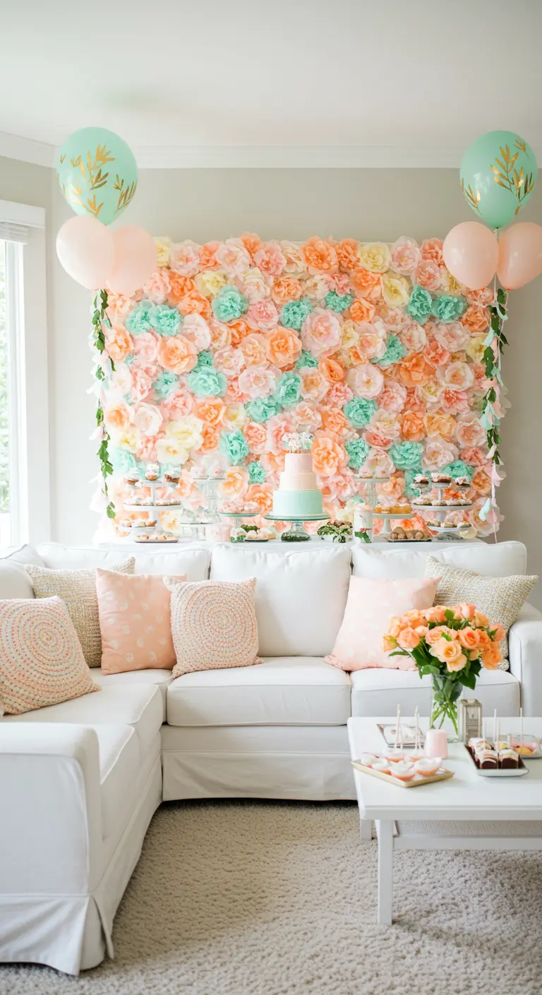 A large paper flower wall in peach, mint, and yellow behind a white sofa.