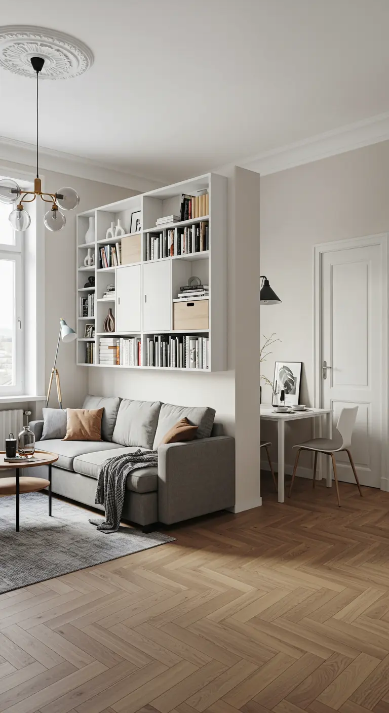 A built-in shelving unit divides a living room from a small desk area behind it.