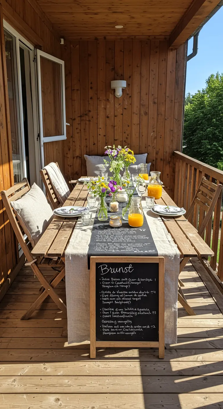 A long wooden table set for brunch with a chalkboard runner detailing the menu.