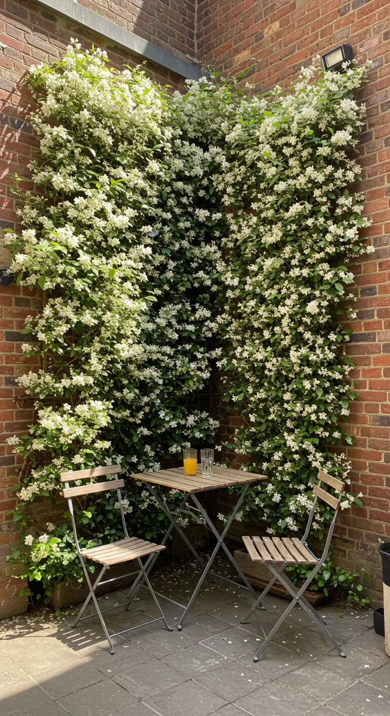 A wooden bistro set tucked into a corner where two brick walls are covered in jasmine.