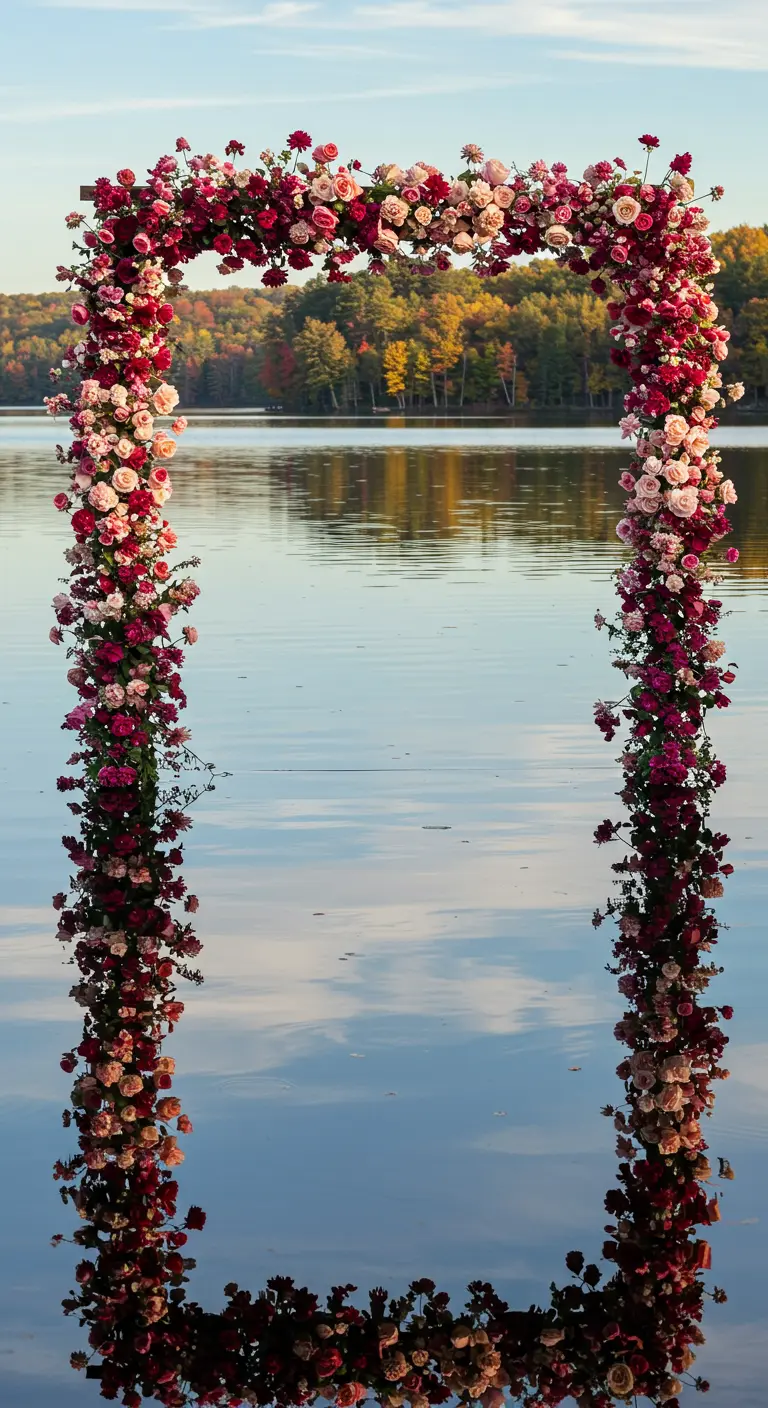 A rectangular floral arch at the edge of a lake, creating a perfect reflection.
